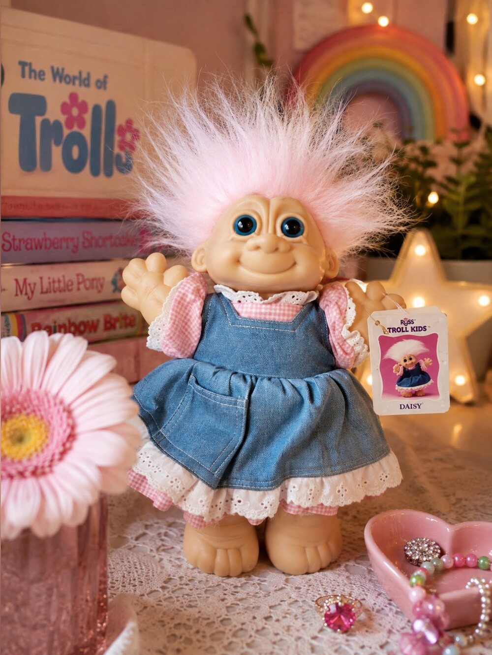 Vintage 1990s Troll Kids Daisy Doll Pink Hair Denim Dress w/ Original Tag